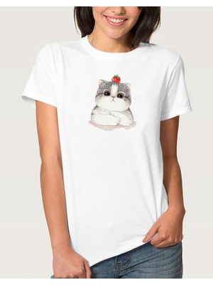 Qivi Watercolor Big Cat Face Kadın Beyaz Tshirt