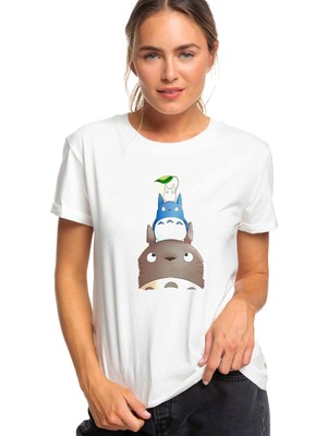 Qivi Komşum My Neighbor Totoro Baskılı Beyaz Kadın Tshirt