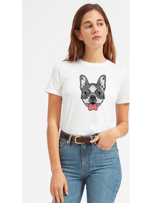 Qivi Dog Head Köpek Baskılı Beyaz Kadın Tshirt