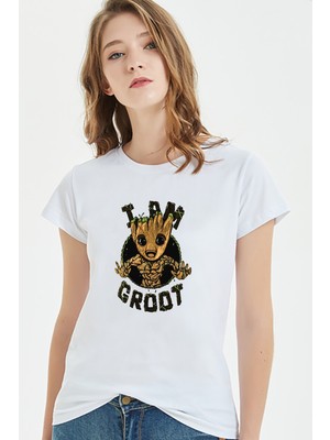 Qivi I Am Groot Sarmaşık Baskılı Beyaz Kadın Tshirt