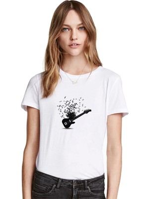 Qivi Gitar Notalar Baskılı Beyaz Kadın Tshirt