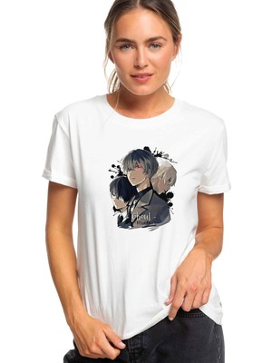Qivi Anime Tokyo Ghoul Anteiku Baskılı Beyaz Kadın Tshirt