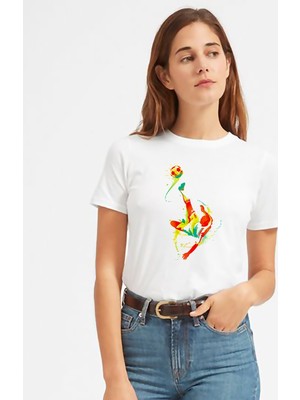 Qivi Silhouette Football Bicycle Kick Kadın Beyaz Tshirt