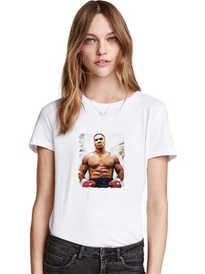 Qivi Mike Tayson Baskılı Beyaz Kadın Tshirt