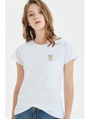 Qivi Heycanlı Baykuş Göğüs Baskılı Beyaz Kadın Tshirt