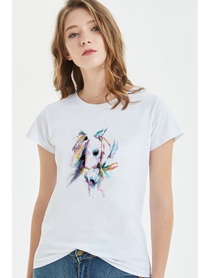 Qivi Watercolor Horse Kadın Beyaz Tshirt