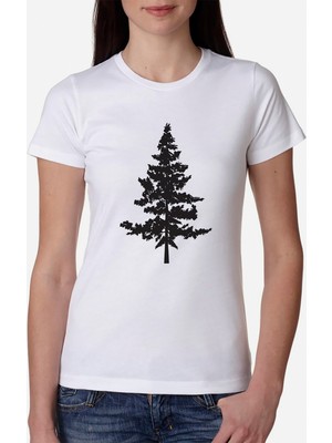 Qivi Silhouette Red Cedar Tree Kadın Beyaz Tshirt