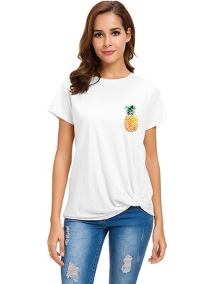 Qivi Watercolor Pineapple Kadın Beyaz Tshirt