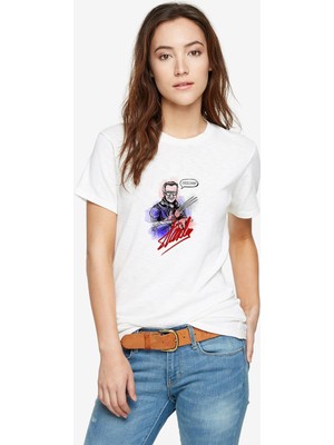 Qivi Stan Lee Marvel Kara Kalem Baskılı Beyaz Kadın Tshirt