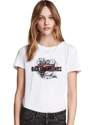 Qivi Pubg Logo Tas Alev Baskılı Beyaz Kadın Tshirt
