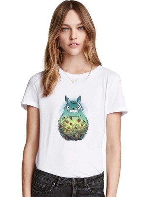 Qivi My Neighbor Komşum Totoro Baskılı Beyaz Kadın Tshirt