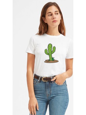 Qivi Kaktüs Cactus Baskılı Beyaz Kadın Tshirt