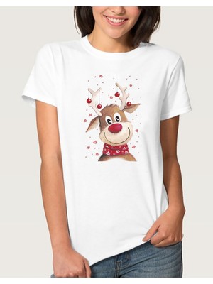 Qivi Watercolor Christmas Deer Kadın Beyaz Tshirt