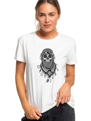 Qivi Gambling Arabic Skull Baskılı Beyaz Kadın Tshirt