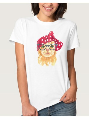 Qivi Watercolor Cat Kadın Beyaz Tshirt