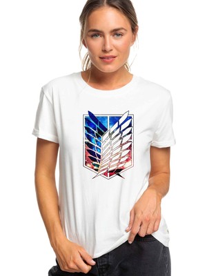 Qivi Anime Attack On Titan Baskılı Beyaz Kadın Tshirt