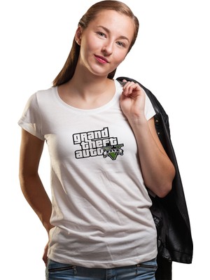 Qivi Gta V Yazi ve Logo Kadın Beyaz Tshirt