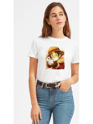 Qivi Anime One Piece Luffy Straw Hat Baskılı Beyaz Kadın Tshirt