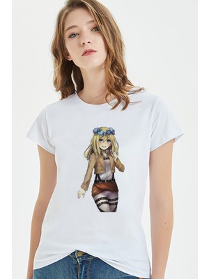 Qivi Anime Attack On Titan Baskılı Beyaz Kadın Tshirt