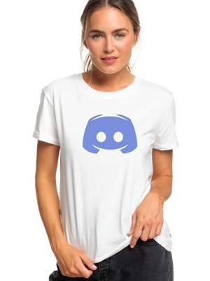 Qivi Discord Simge Logo Baskılı Beyaz Kadın Tshirt
