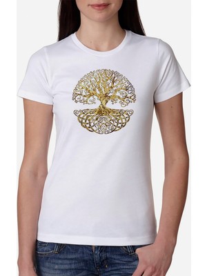 Qivi Silhouette Celtic Tree Kadın Beyaz Tshirt