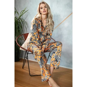 ANIL 9721 Saten Çiçek Baskılı Düğmeli Uzun Kol Gömlek ve Pantolon Pijama Takım
