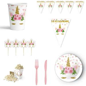 Parti Sürprizi Unicorn Çiçekli Tema Doğum Günü Parti Seti 8 Kişilik