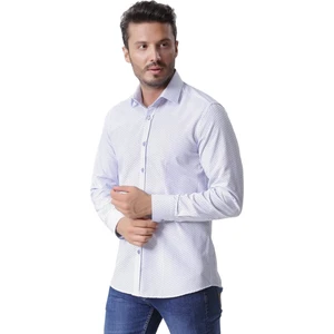 Erkek Saks-Beyaz Baskılı Uzun Kollu Yarı Slim Gömlek,OT-CP-20037