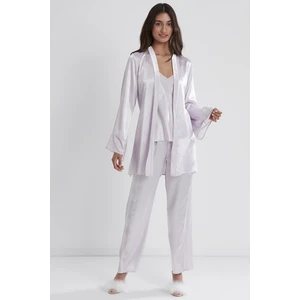 Pierre Cardin 2040 Kadın Kadife Saten 3'lü Pijama Takım - Viola