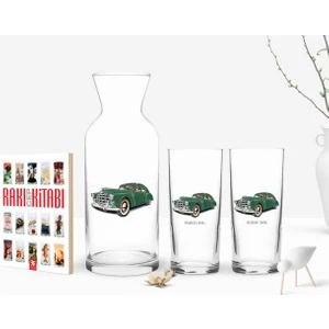 Kişiye Özel Renkli Baskılı Retro Otomobil Tasarımlı Ikili Rakı Bardağı Karaf ve Cep Kitabı Hediye Seti-3