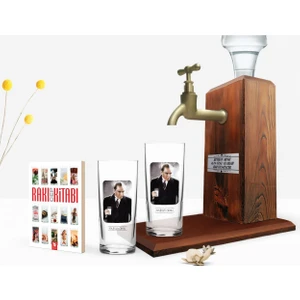 Kişiye Özel Renkli Baskılı Atatürk Temalı Ikili Rakı Bardağı Ahşap Rakı Standı ve Cep Kitabı Hediye Seti-33