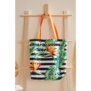 Ays Home Tropikal Yaprak Siyah Beyaz Bez Alışveriş Plaj Çantası