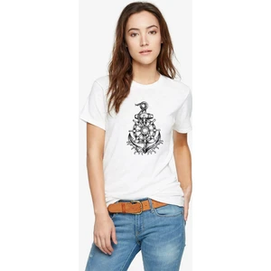 Çapa ve Dümen Illüstrasyon Gemi Çapa Baskılı Beyaz Kadın Tshirt