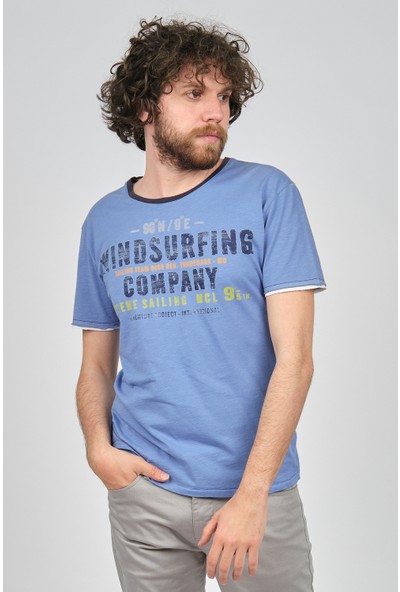 Mcl Erkek Baskılı Slim Fit Bisiklet Yaka T-Shirt 2070154 Mavi