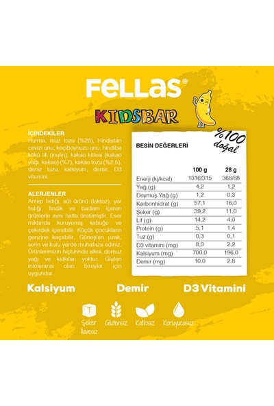 Fellas Kids Meyve Bar - Muz ve Kakaolu x 12 Adet