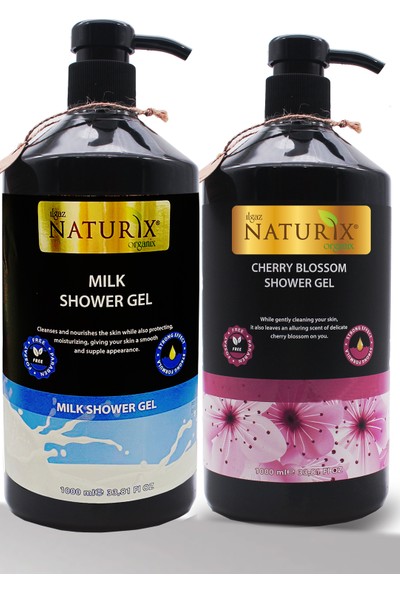 Naturix Organik Sütlü Duş Jeli 1000 ml + Japon Kirazı Duş Jeli 1000 ml 2'li Aile Duş Jeli Seti