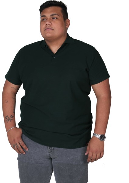 Büyük Beden Cepsiz Kök Yeşili Pamuklu Polo Yaka T-Shirt