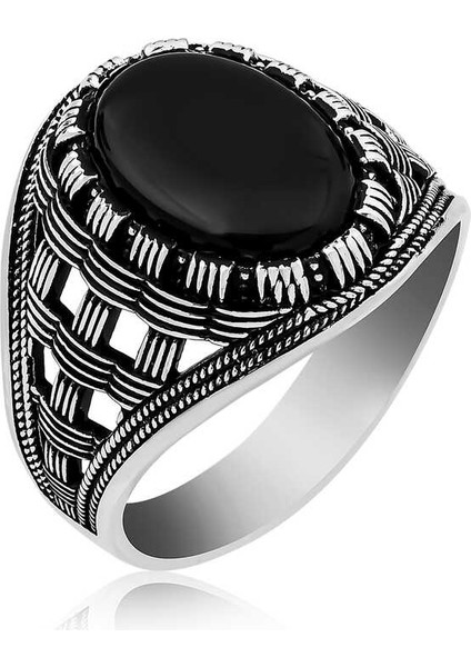 Gümüş Oniks Taşlı Örgü Desenli Erkek Yüzük