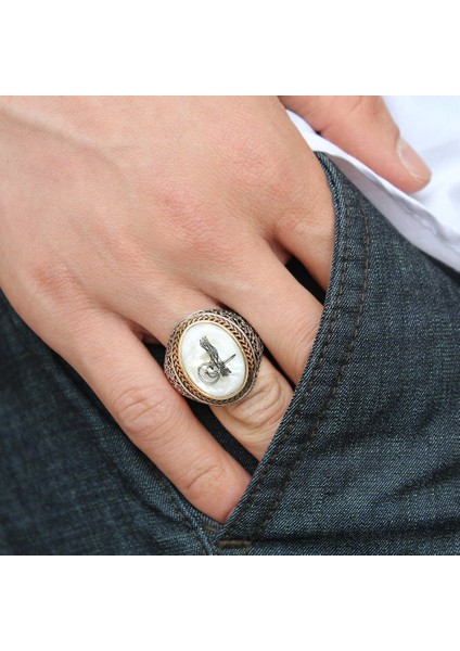 Gümüş Sedef Üzeri Tuğralı Erkek Yüzük modelleri