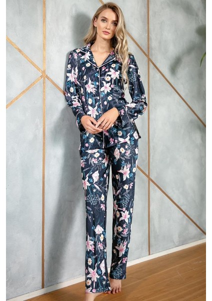Saten Çiçek Baskılı Düğmeli Uzun Kol Gömlek ve Pantolon Pijama Takım (9723)