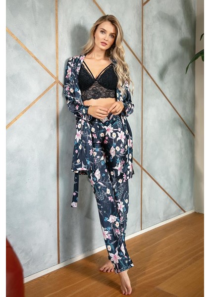 5625 Çeyizlik Bralet Sütyen Ip Askılı Kadın Saten Çiçek Desenli Desteksiz Dantel Detaylı Pijama Takım Sabahlık Büstiyer Pijama Takım