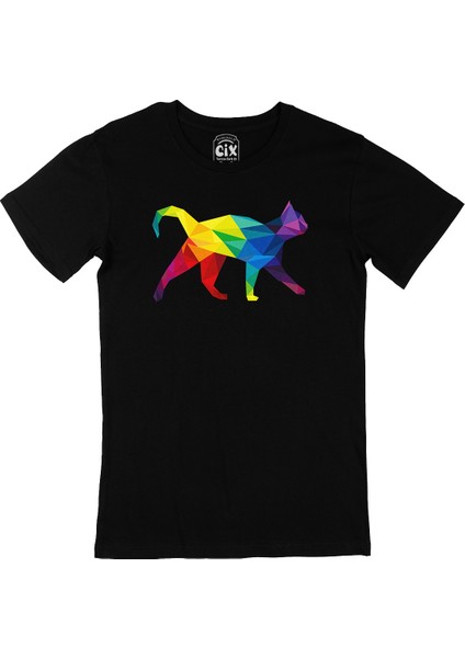 Gökkuşağı Renkli Polygon Kedi Siyah Tişört