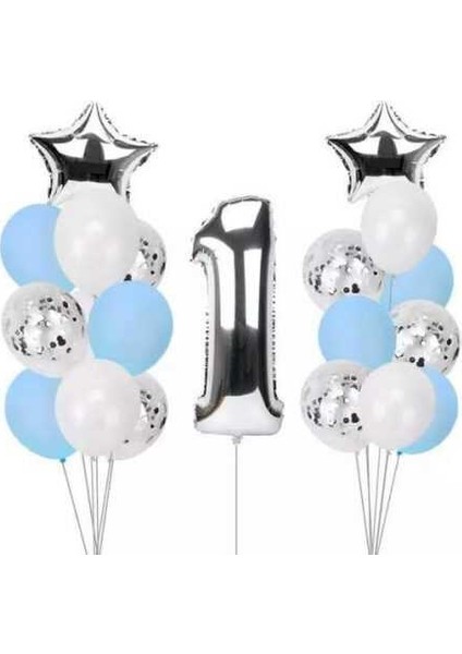 1 Yaş Gümüş Folyo Balon Set 21 Adet