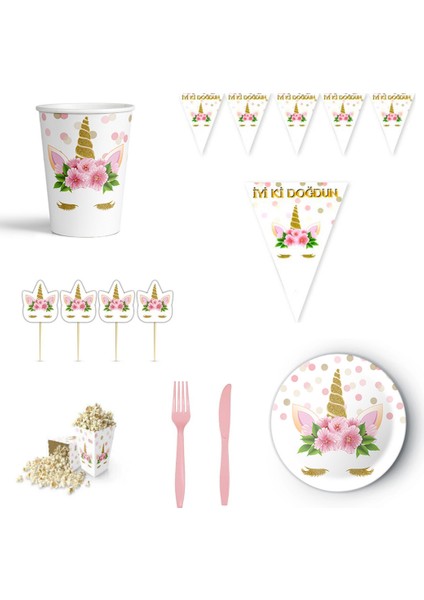 Unicorn Çiçekli Tema Doğum Günü Parti Seti 8 Kişilik