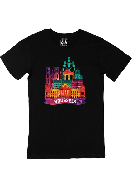Renkli Brüksel Illüstrasyon Siyah Tişört