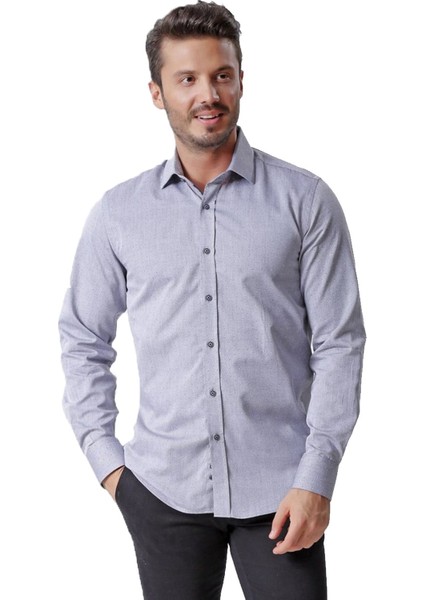 Erkek Gri Desenli Uzun Kollu Yarı Slim Oxford Gömlek, OT-C-20017