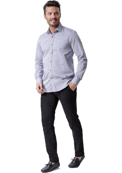 Erkek Gri Desenli Uzun Kollu Yarı Slim Oxford Gömlek, OT-C-20017