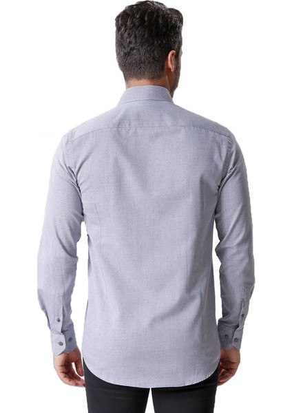 Erkek Gri Desenli Uzun Kollu Yarı Slim Oxford Gömlek, OT-C-20017