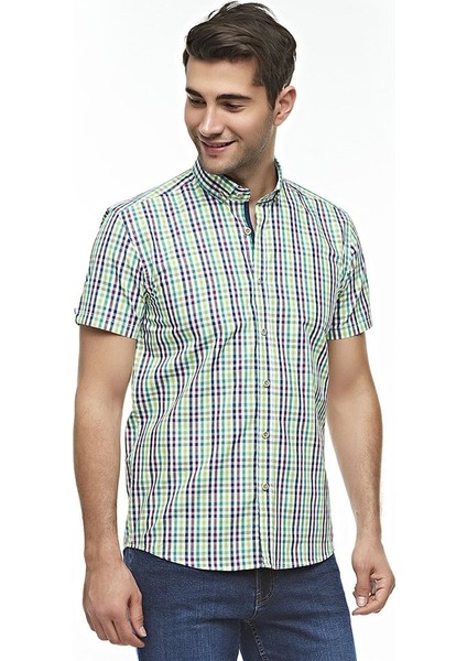 Ekose Kareli Kısa Kollu %100 Pamuklu Regular Gömlek,OT-C-20193