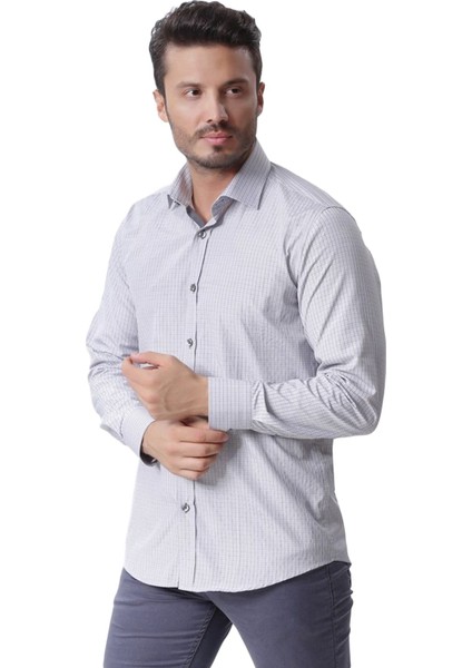 Ekose Kareli Uzun Kol Regular Fit Klasik Gri Gömlek,OT-CP-20113